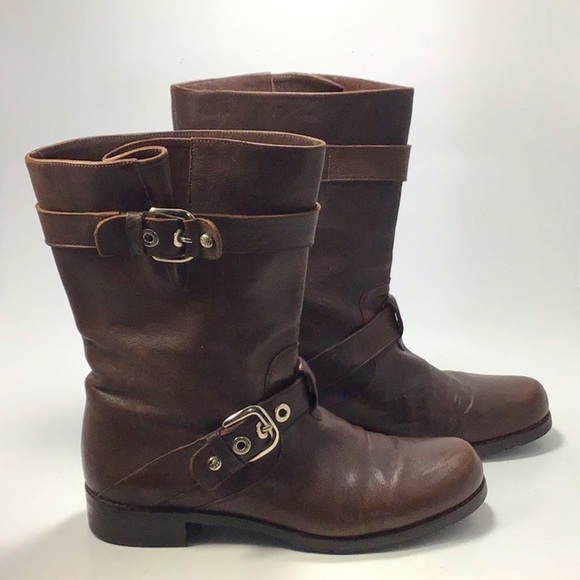 STUART WEITZMAN Brown Leather Moto Buckle Boots Size  8.5 M - Picture 1 of 15